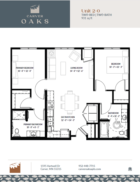 A floor plan for a two-bedroom, two-bathroom apartment at Carver Oaks.